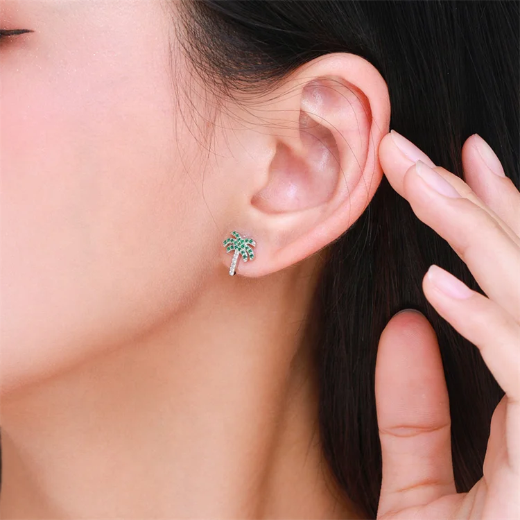 coconut tree designer 14 k gold girls cute earring cubic zirconia dainty summer sterling silver hypoallergenic small earrings