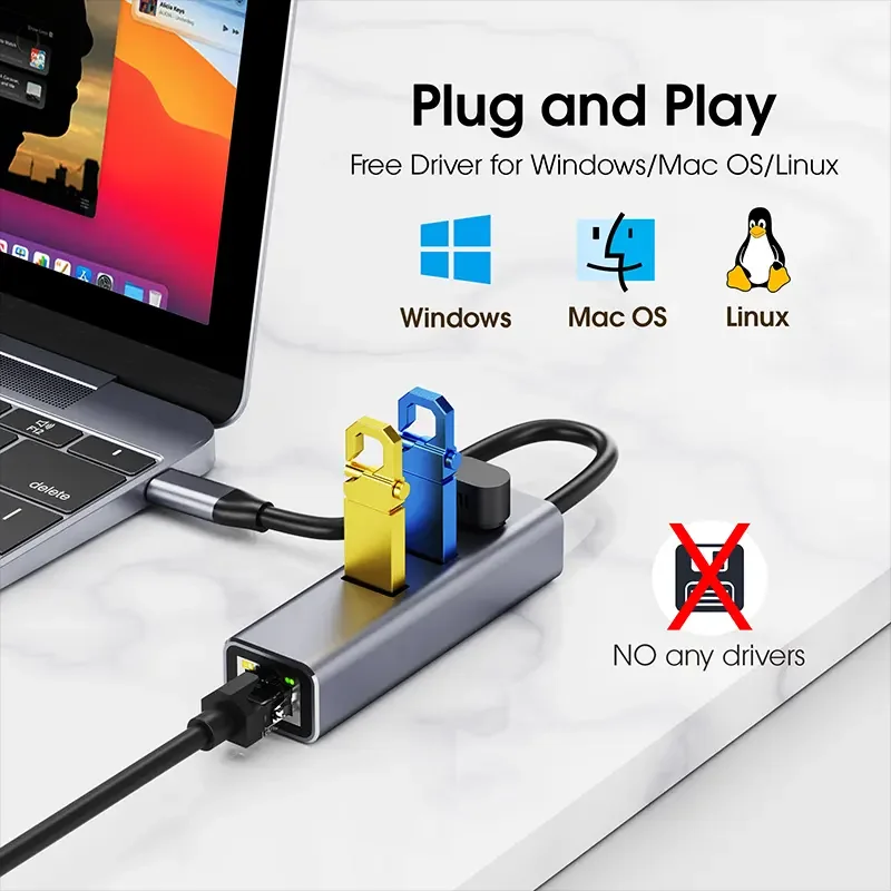 Mindpure USB 2.0 3.0 to rj45 adaptor type c to lan usb c gigabit Ethernet adapter Converter 4 in 1 hub with Ethernet