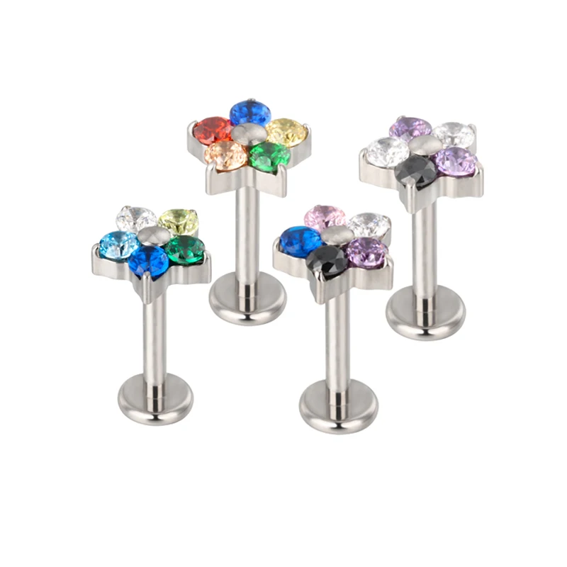 Cute Fashion G23 Titanium Piercing Cartilage Earring Labret  Flower 16G Internally Threaded Lip Ring Top Jewelry
