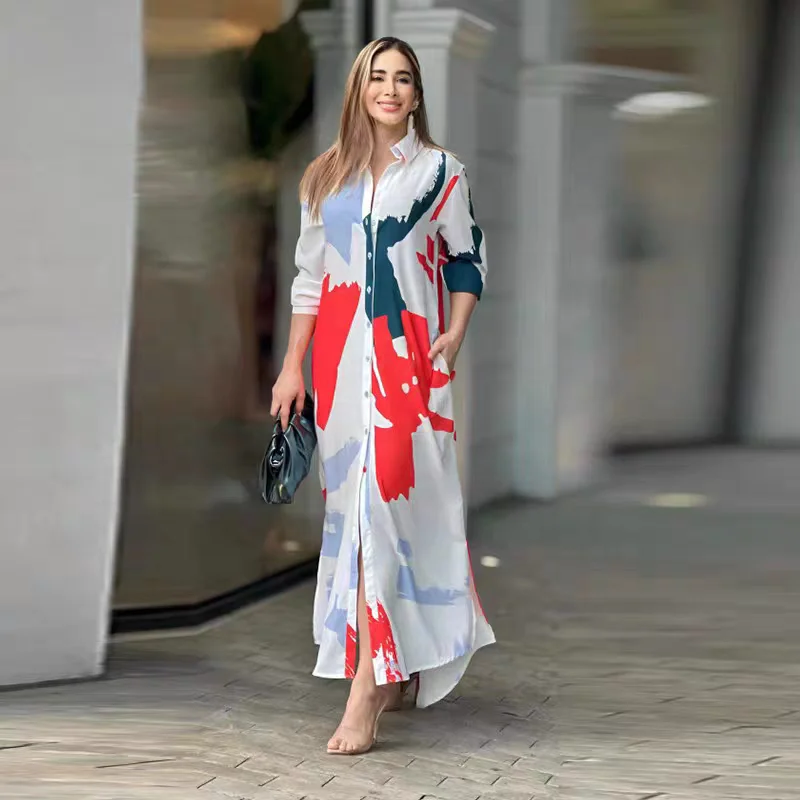 Casual Button-front V Neck Print Single-breasted Printed Split Long Sleeve Loose Shirt Women Maxi Dress Dresses