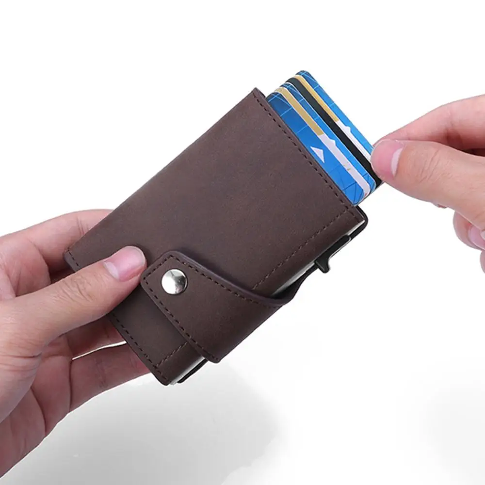 RFID Safe Wallet Card Case Pop-up Card Case 3 fold Genuine Leather Credit Card Holder