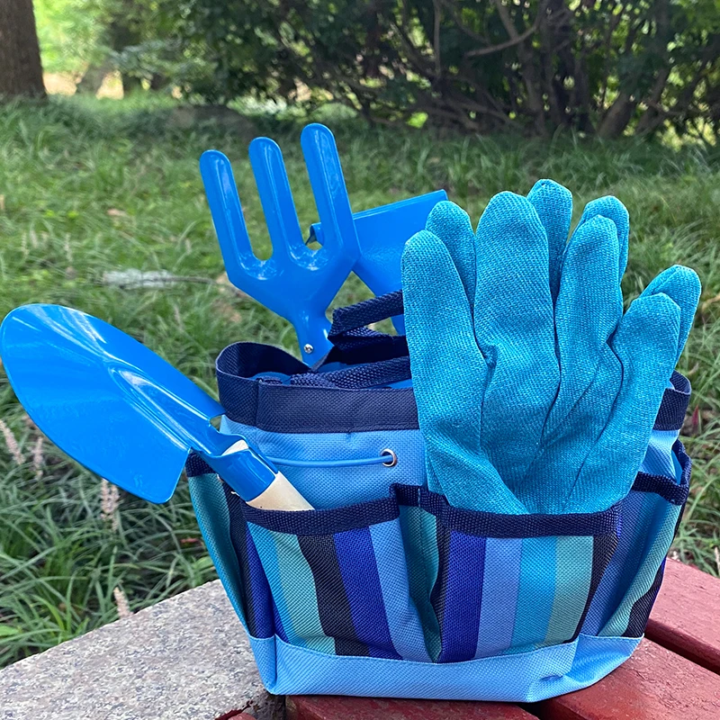 Home Gardening Mini Wooden Handle Carton Steel Kids Set Children Gardening Tools Set With Bag Beach Toys Rake Shovel Trowel Fork