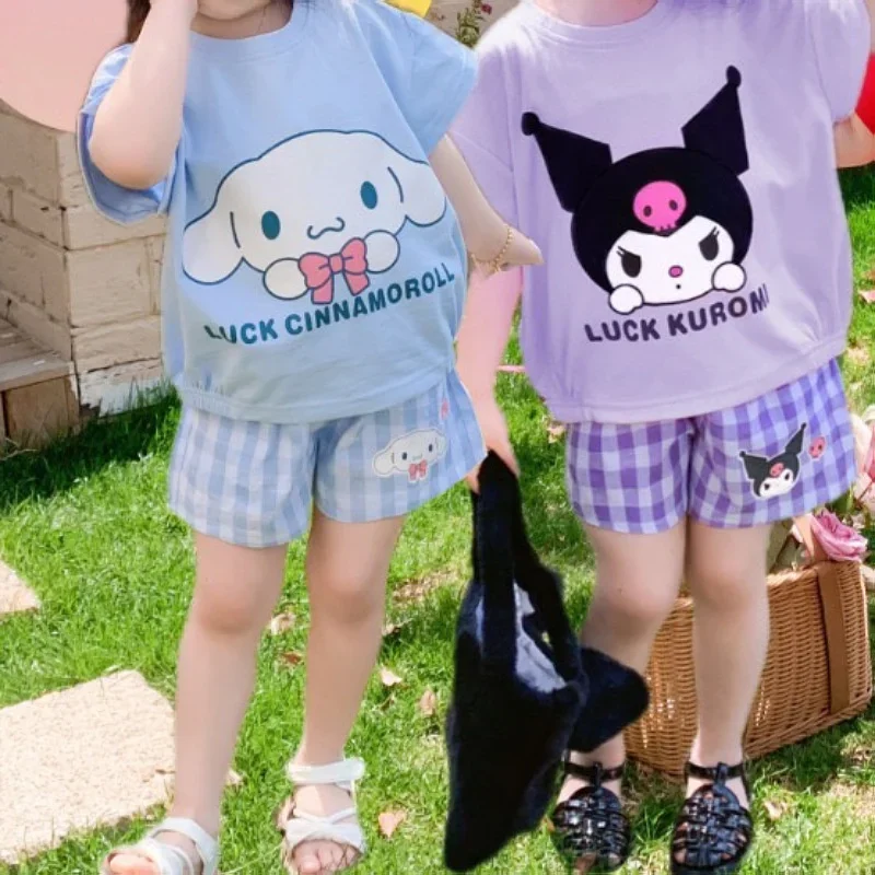 Kawaii Sanrioss Summer Kids Set Kuromi Cinnamoroll KT My Melody Anime Nightgown T-Shirt Shorts Sexy Bikini Panties for Children