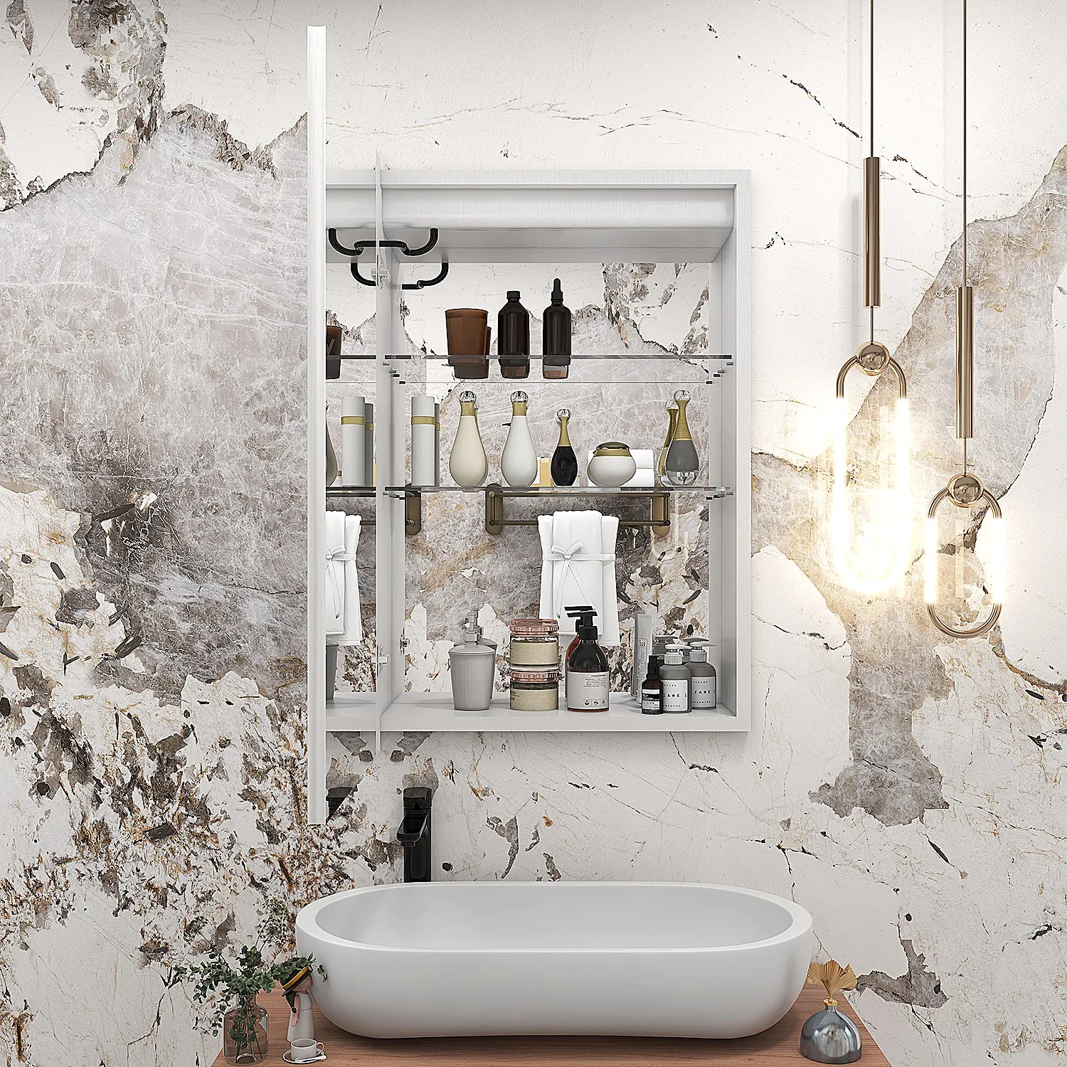 Floating bathroom vanity cabinet with led mirror new design with light medicine cabinet with socket