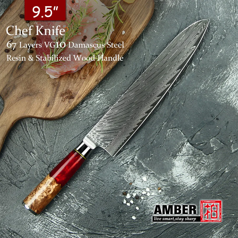 9 pcs 67 layers damascus steel kitchen knife set with Resin with Stabilized Wood Handle