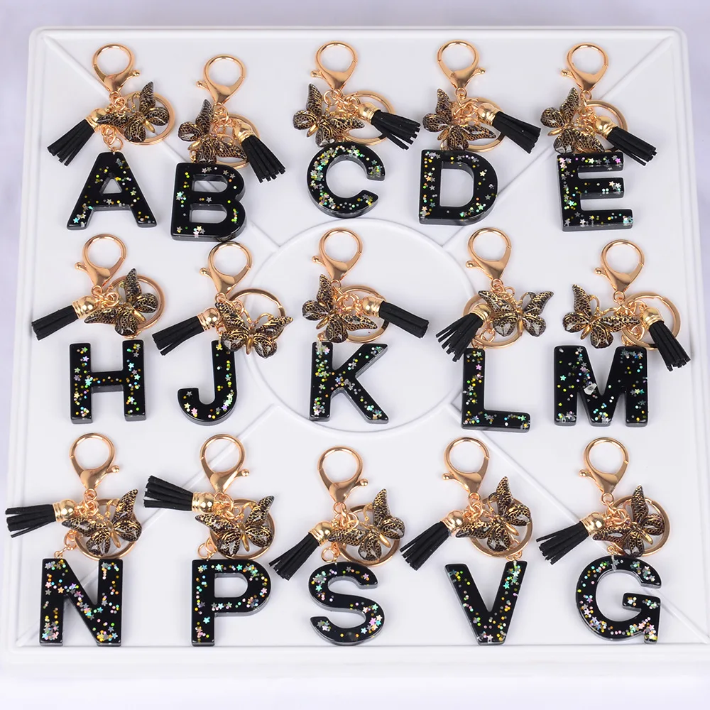 New black 26 English letters keychain men and women tassel pendant resin sequin star letter pendant