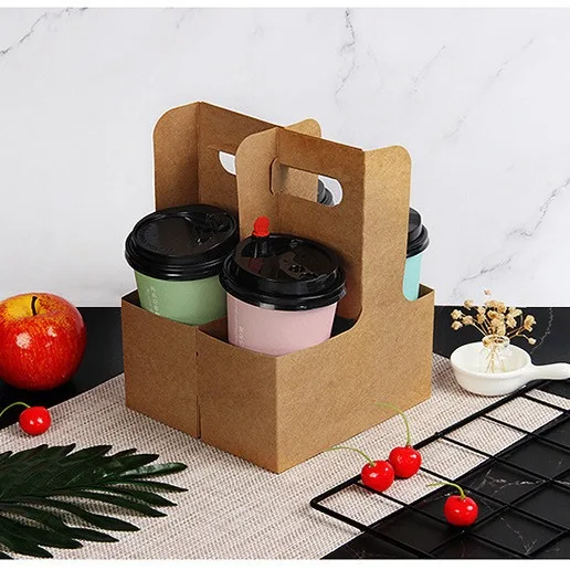 Eco-friendly Custom logo Kraft Paper Go Coffee Cup Drink Holder 2 4 6 Pack Paper Cup Holder with Handle Can Be Customized logo