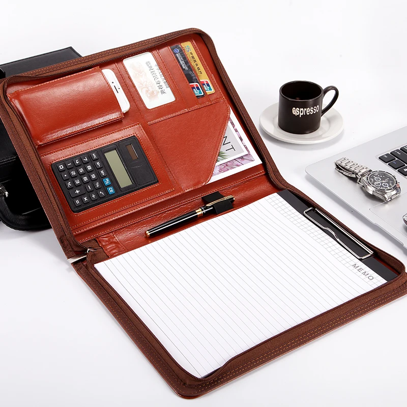 a4 size file folder bag with zipper with logo a4 leather portfolio file folder with tablet and calculator