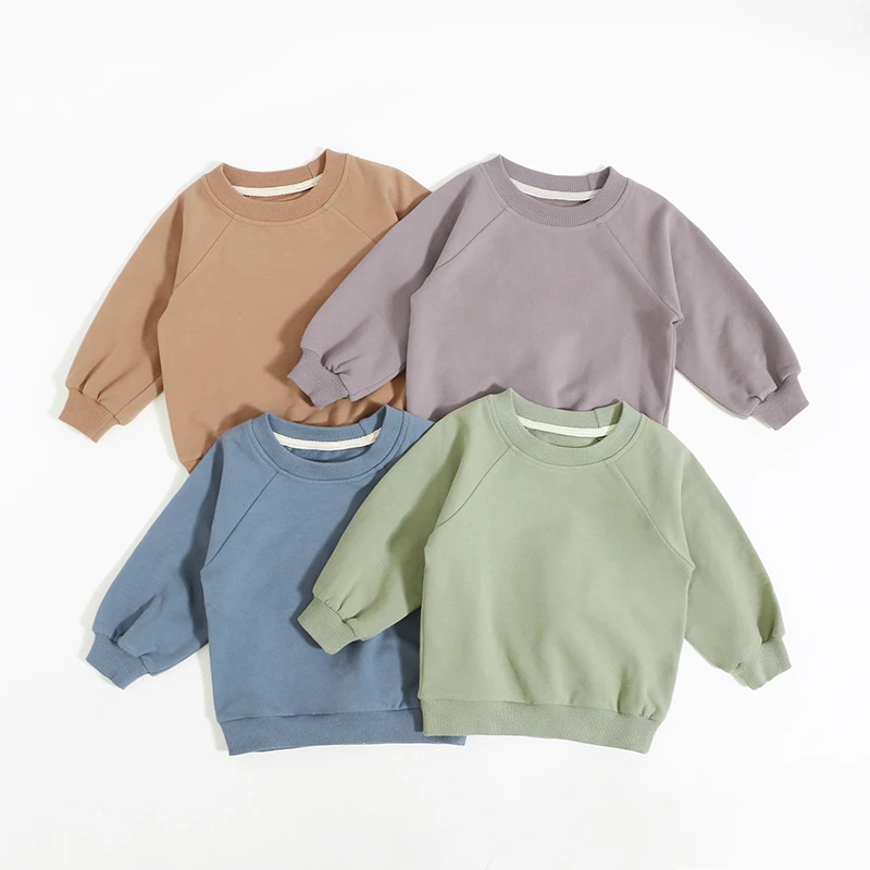 Custom Embroidery Organic Cotton Autumn Kid Top Long Sleeve Plain Round Neck Soft Knitted Terry Children Boy Sweatshirt Hoodie