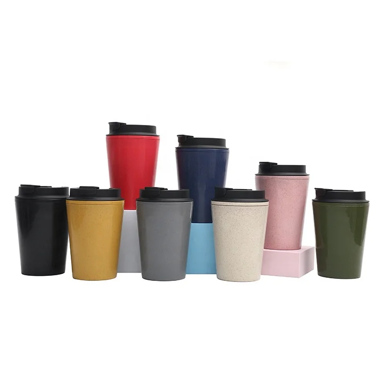 wholesale custom bulk 12oz wheat straw fiber coffee cup with lid PP plastic cups double wall reusable coffee tumblers