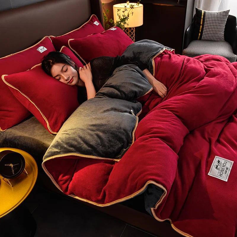 Factory Product Bedding sets Customized Solid milk velvet embroidery bonded four piece set thickened warm flannel four piece set