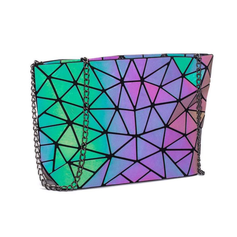 Fashion Hologram Chain Strap Shoulder Luminous Geometric Handbag for Women Girls PU Polyester Crossbody Bag Single Multi Letter