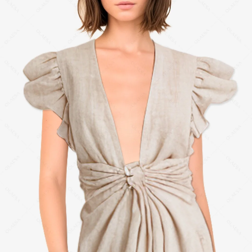Odm Design High Quality Women Holiday Plain Dresses Ladies Tied Knot Midi Dress Casual Linen Dresses
