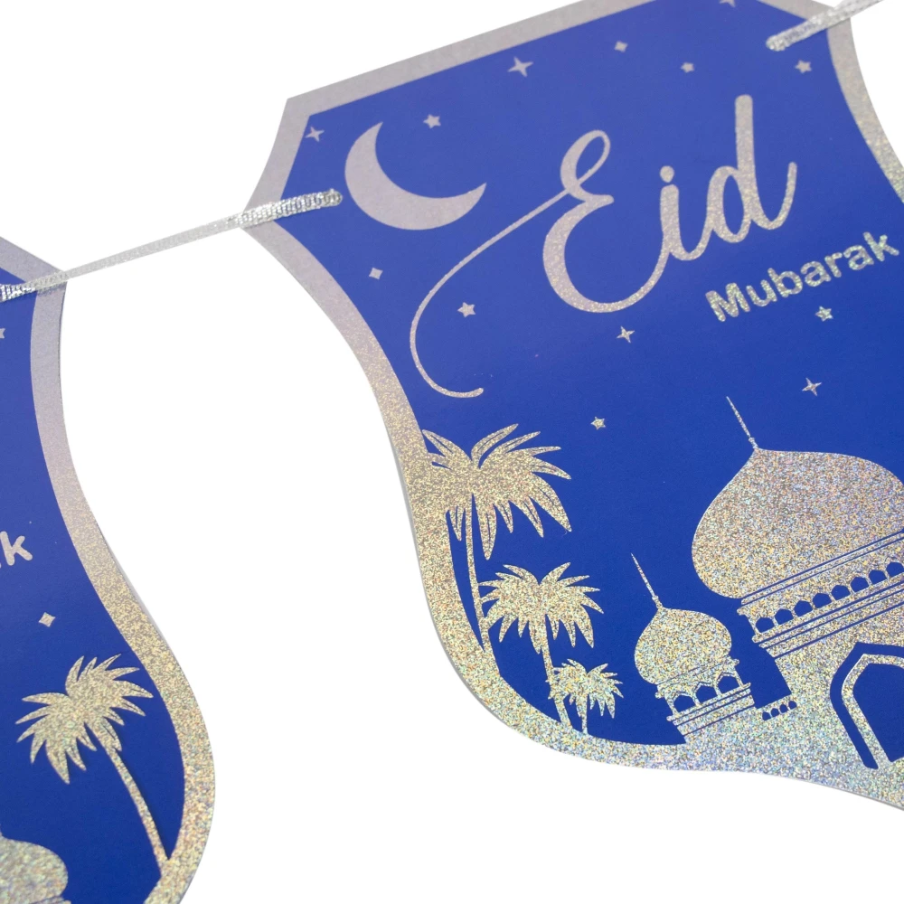 Blue Eid Banner Garland Muslim Eid Party Hanging Decorations Glitter Silver Foiled Eid Mubarak Paper Bunting With Moon Mosque
