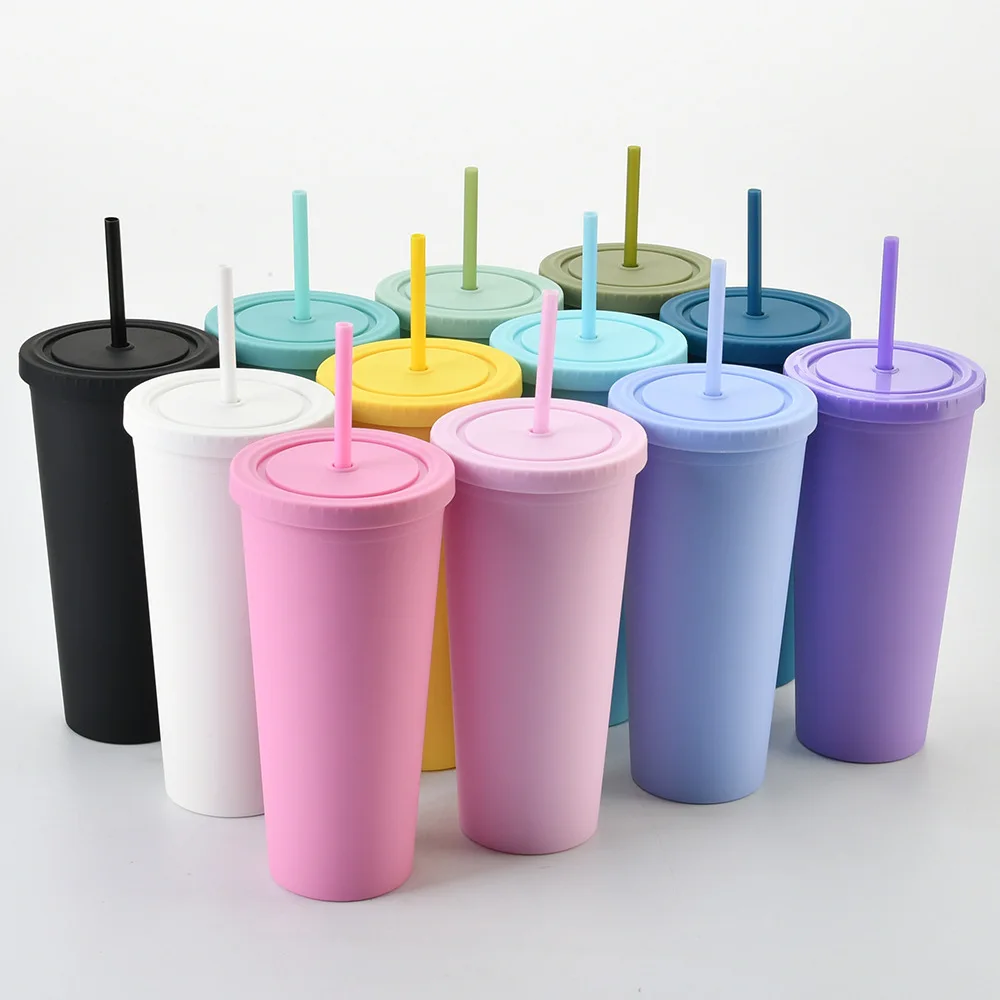 Custom Plastic Double Walled Colored Acrylic Skinny Tumblers with Lids and Straws 700ml plastic water sippy bottle cup