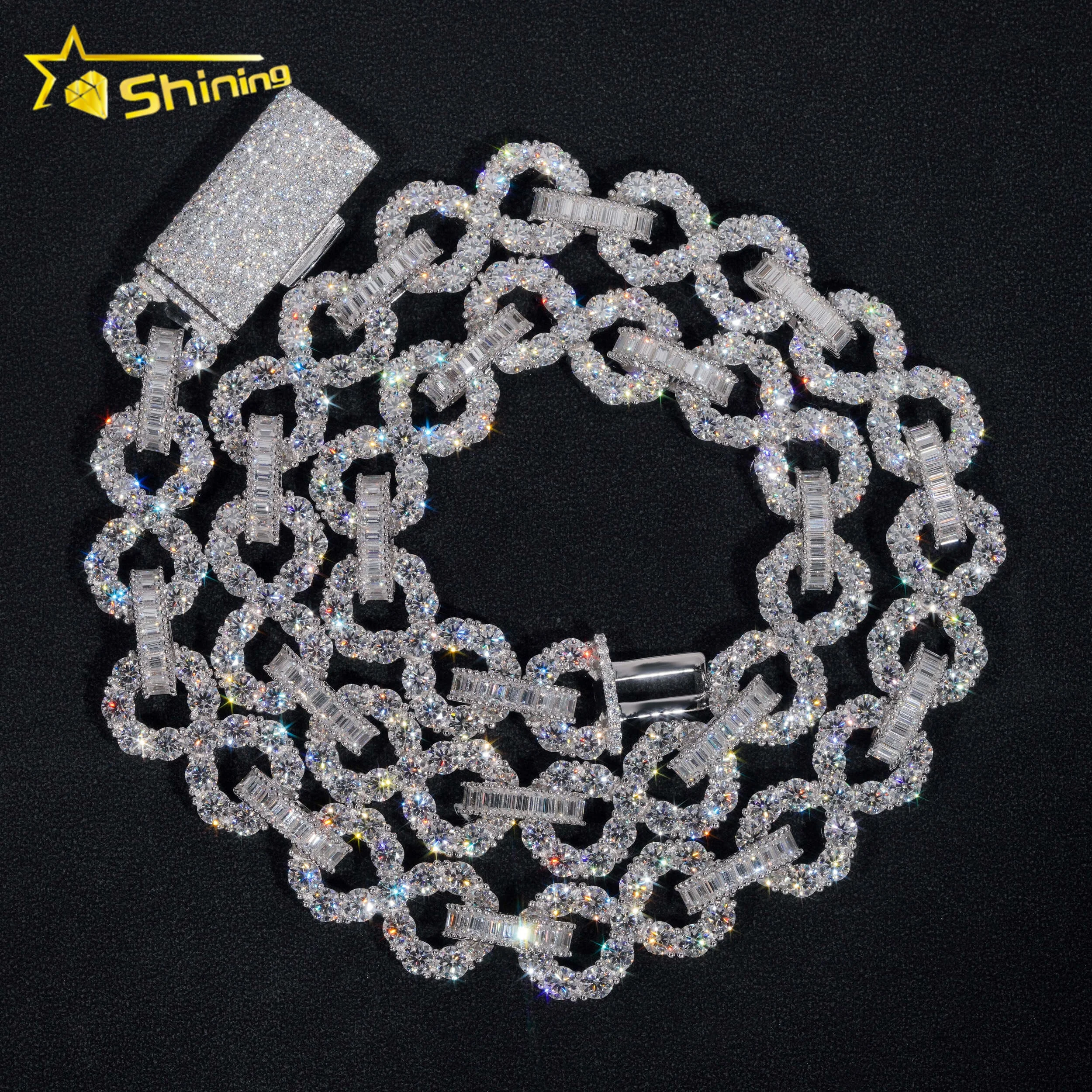 Super Shining Hip Hop Jewelry 16MM Big Stones 925 Sterling Silver VVS Moissanite Diamond Infinity Iced Out Cuban Link Chain