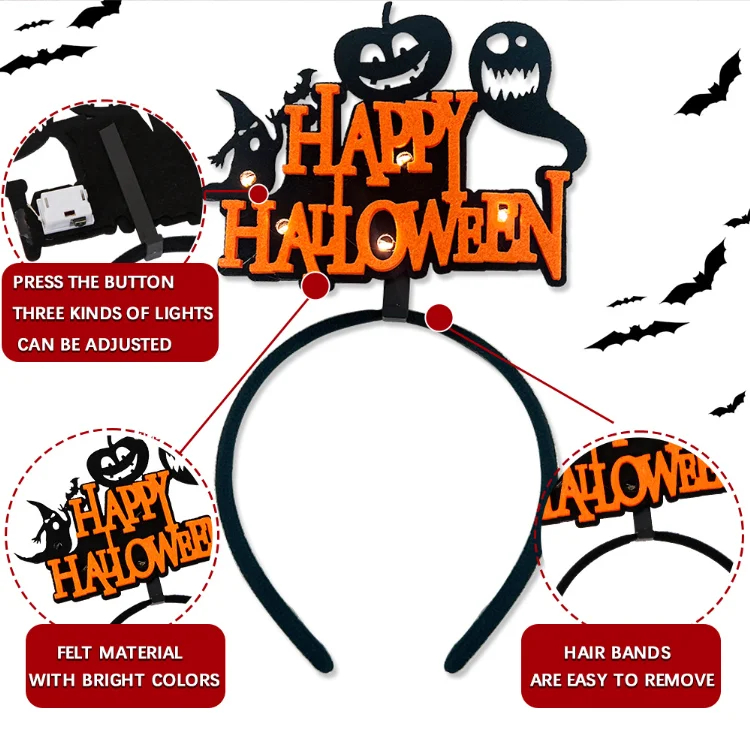 2024 New Halloween Hair Hoop Luminous Party Decoration Bat Headband with lights