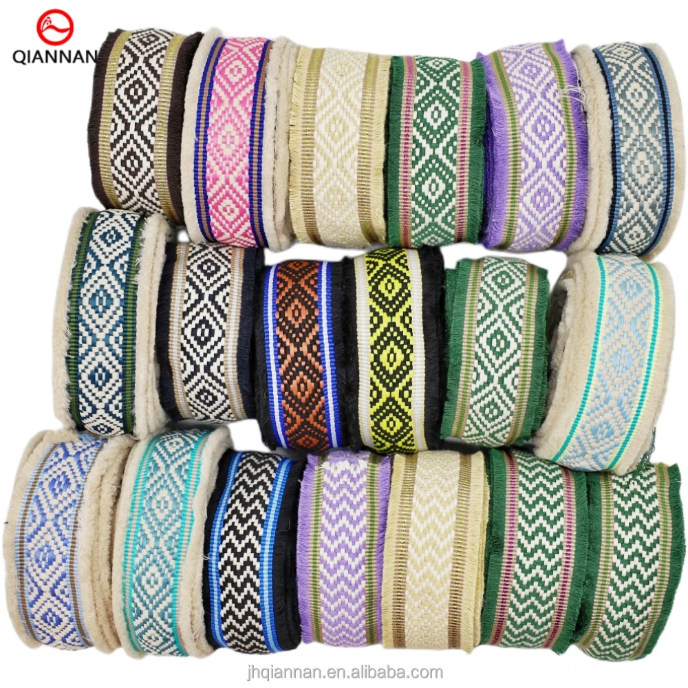 Factory Direct Supply 60mm  Raw Edge Fringe National Style Jacquard Webbing for Bag Straps Clothing Shoes and Hats Decorative