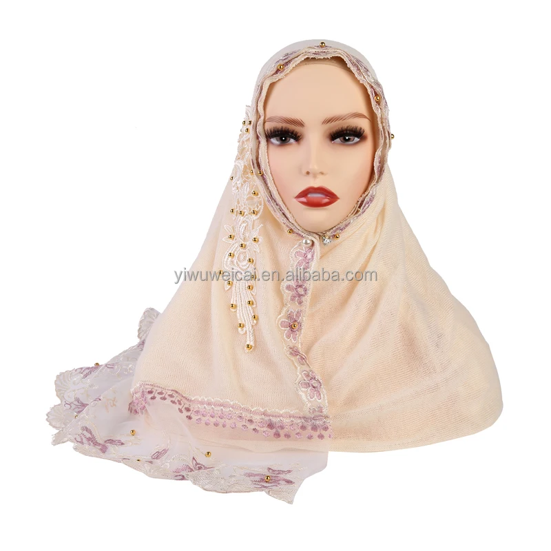 
High Quality New Muslim Turban Female Scarf Lace Beaded Scarf Embroidered Shawl Hijab 