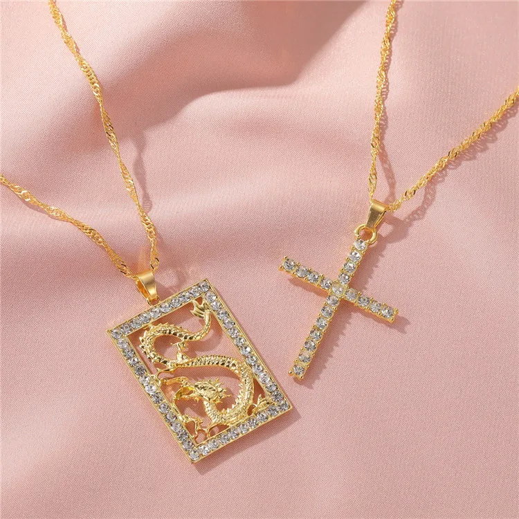 
Fashion Gold Diamond Cross Dragon Necklace Square Shaped Dragon Pendant Necklace 