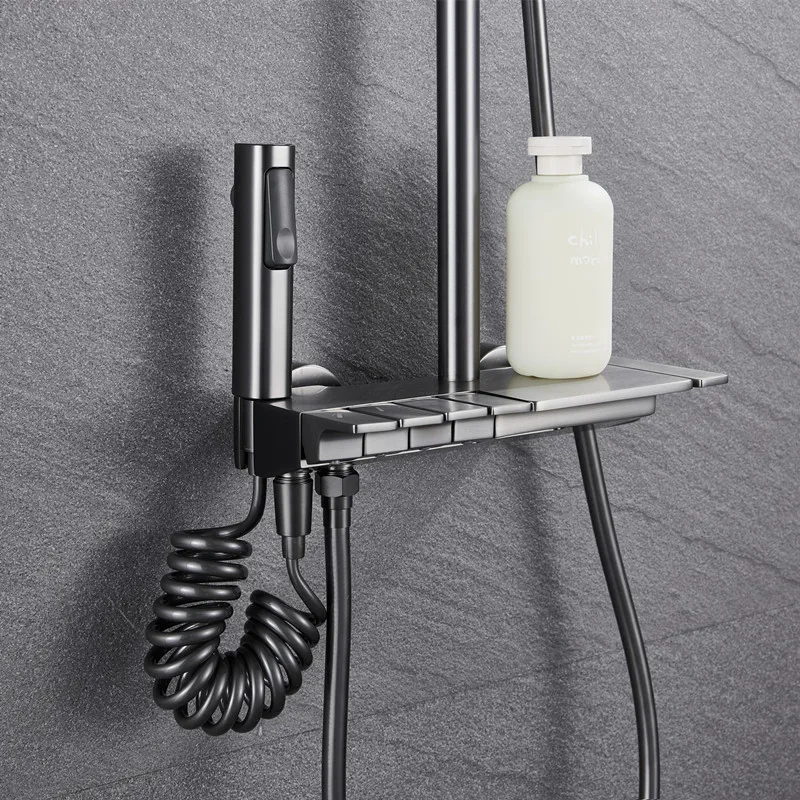 2022 New Designer Exposed Gray Color 4 Push Button Piano Key Shower Faucet Mixer Set With 10 Inch Rainfall Shower Head