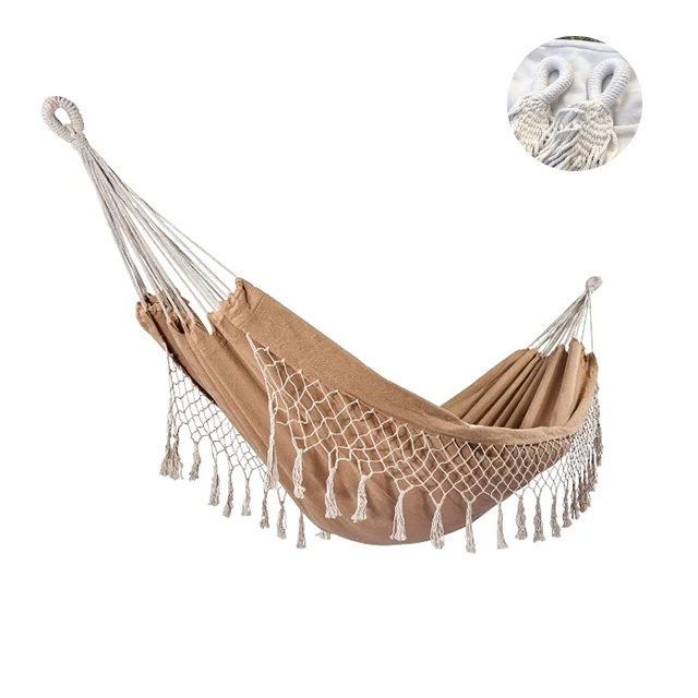 indoor cotton tassel hammock bed for 2 double adults Boho double swing free standing hammock white