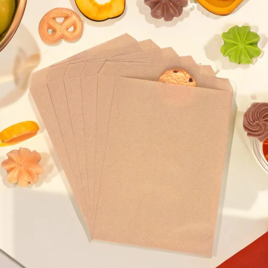 Custom logo wholesales food disposable paper bags brown kraft cookies treat bags flat small paper to go bags for Packaging