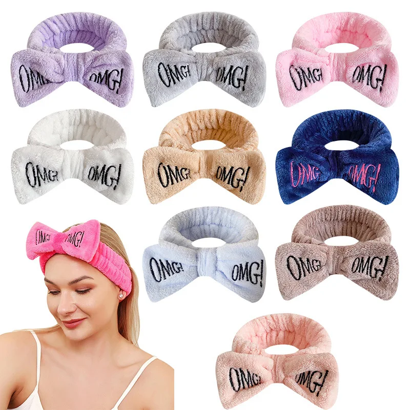Wash Hairband Face Scarf Elastic Headband Embroidered OMG Letters Hair Accessories Bow Coral Fleece Spa
