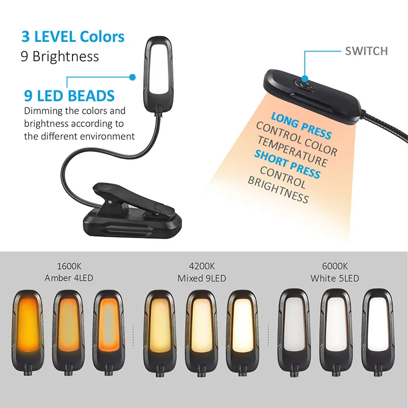 Mini USB Rechargeable Book Light Desk Lamp Flexible Clip LED Read Light For Reading in Bed