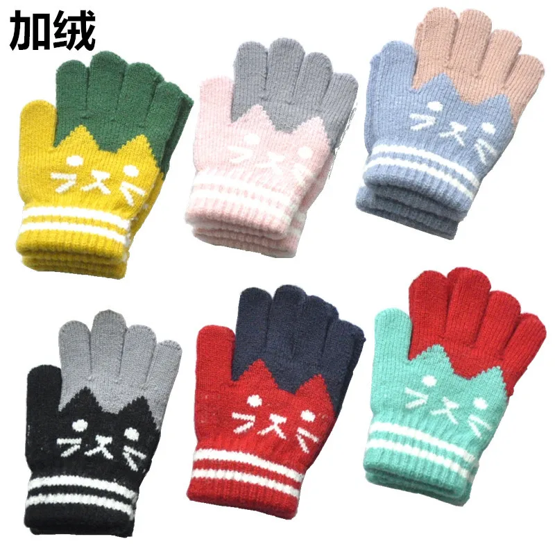 Детские зимние теплые флисовые плотные шерстяные перчатки с защитой от холода, жаккардовые перчатки с рисунком котят, Детские уличные перчатки для сохранения тепла