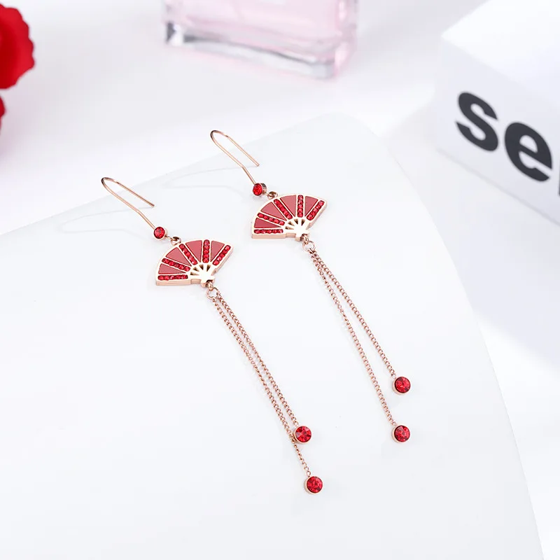 New Chinese style red fan tassel earrings fashion long earrings trend