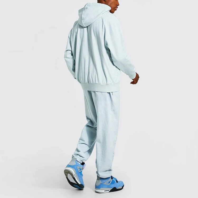 Decheng Oem High Quality French Terry Light Blue Ripped Details Solid Distressed Hoodies Mens Pullover Bulk Oversized Hoodie