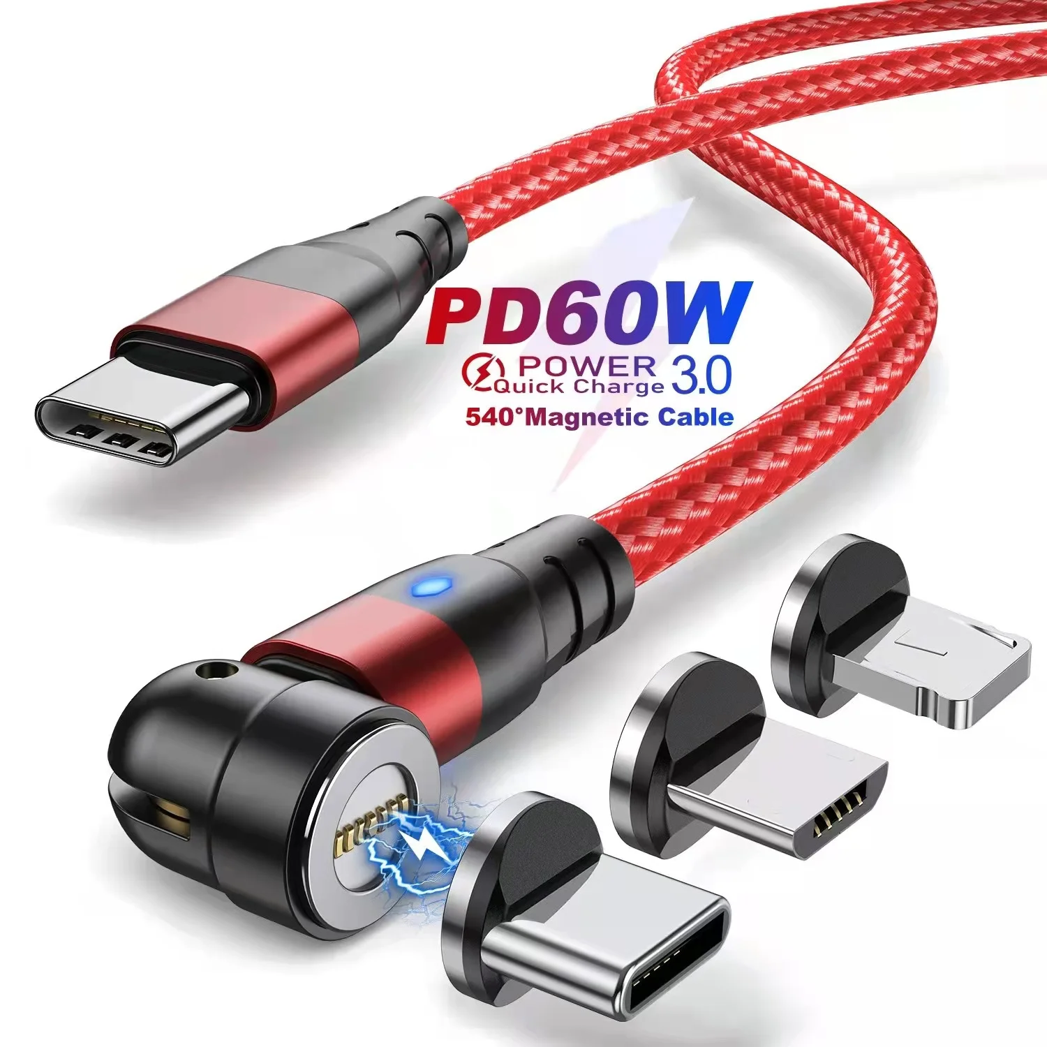 Round led 3A PD 60W 3in1 Cable 540 Rotatio Magnetic USB  Cable  For Iphone Android Type C 1M 2M  Cable