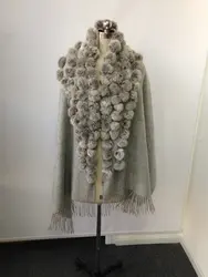 Wholesale cheap fashion warm Rex rabbit shawl winter lady pretty clothing rabbit pom fur shawl