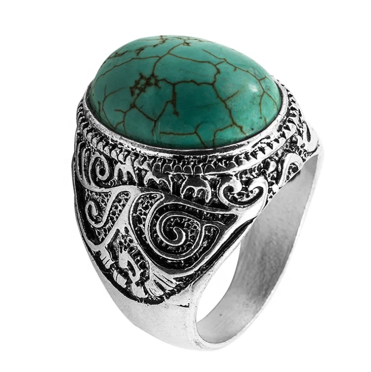 HK Size Oval Turquoise Stone Greek Vintage Men Women Ring Jewelry Gift Finger Ring  Alloy Gemstone Tibet Nepal Turkish