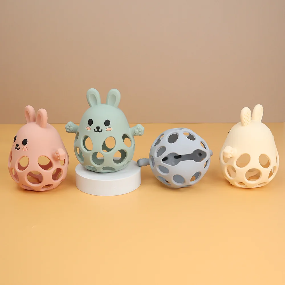 Rabbit shape high quality silicone hand grabbing ball baby grasp training oem silicone teether newborn teething toys