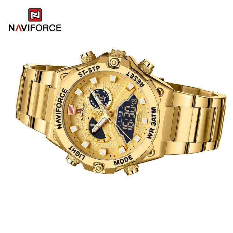 NAVIFORCE 9207 GGG роскошные золотые часы с большим циферблатом аналоговые ЖК Цифровые кварцевые для мужчин корпус из сплава 30 м Водонепроницаемые