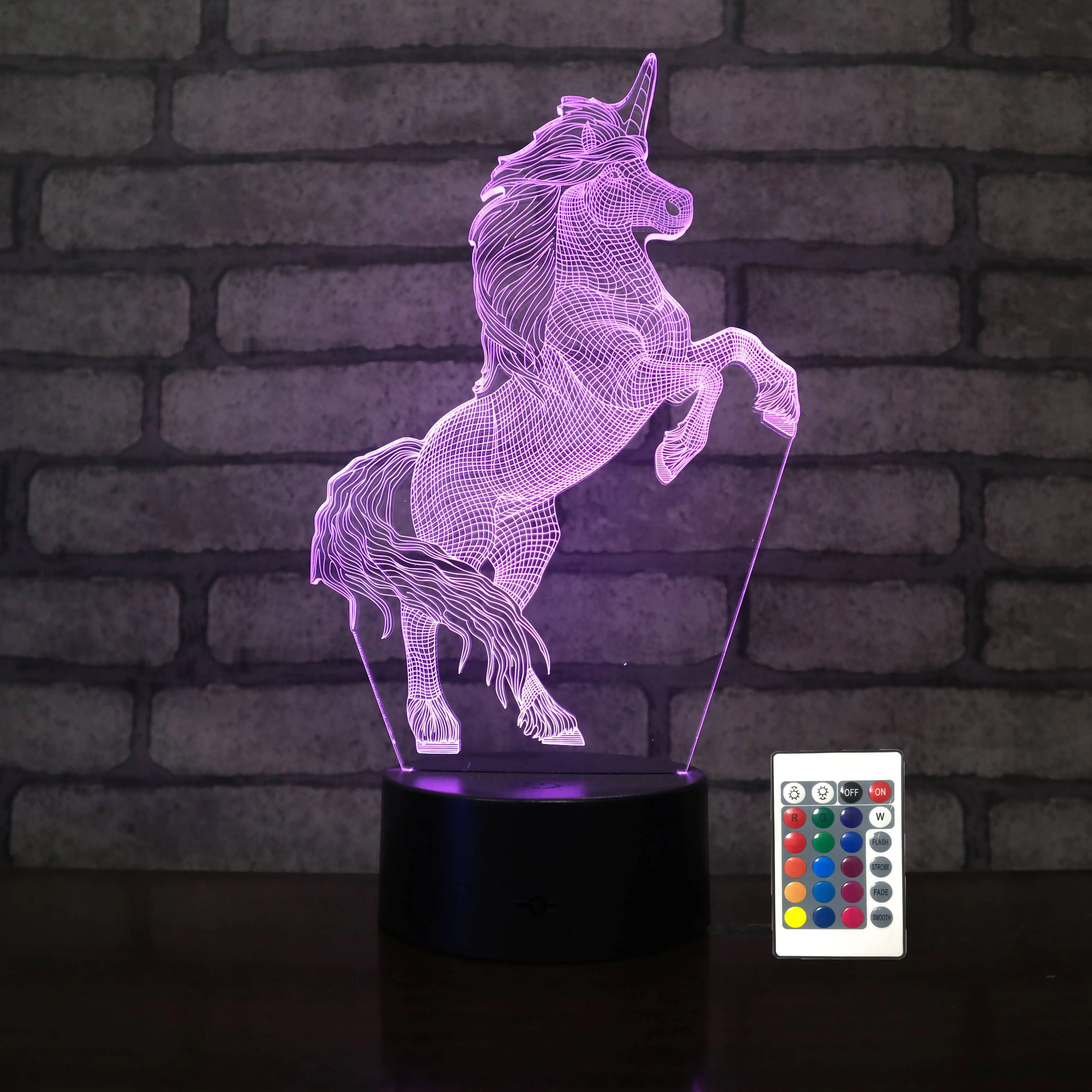 Spray running unicorn modle plexiglass led 3d lamp shadow hologram RGB 16colors night light with battery case and remote