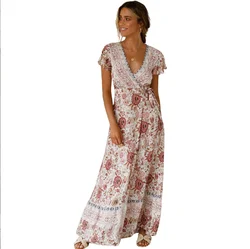 Hot Sale Summer Women Sky Blue V Neck Beach Resort Floral Printed Dress