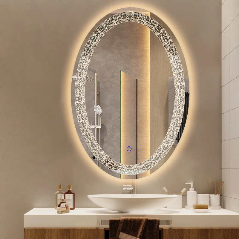 Modern Style Wall Mounted Elegant Hotel Bathroom Glass LED Mirror With Defogger Pad For Bathroom Hotel Salon