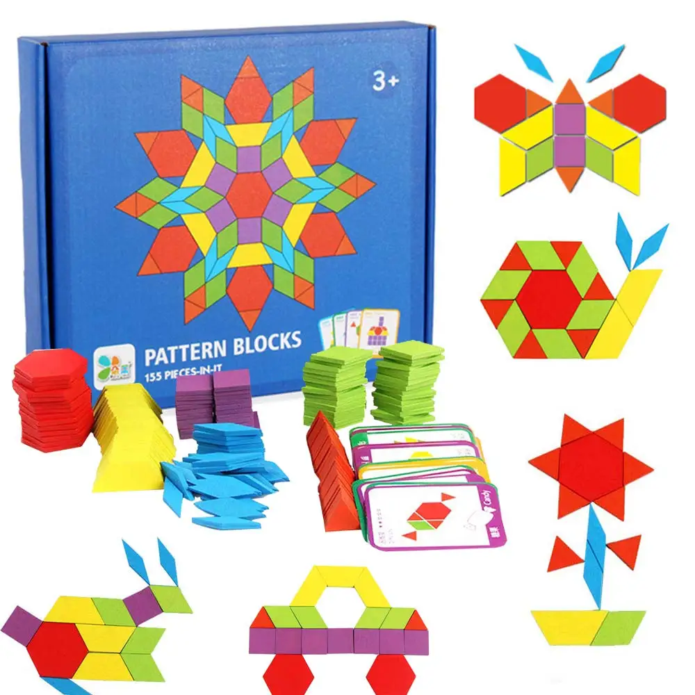155 Pcs Wooden Pattern Blocks Set Geometric Shape Puzzle Kindergarten Classic Educational  Toys For Kids