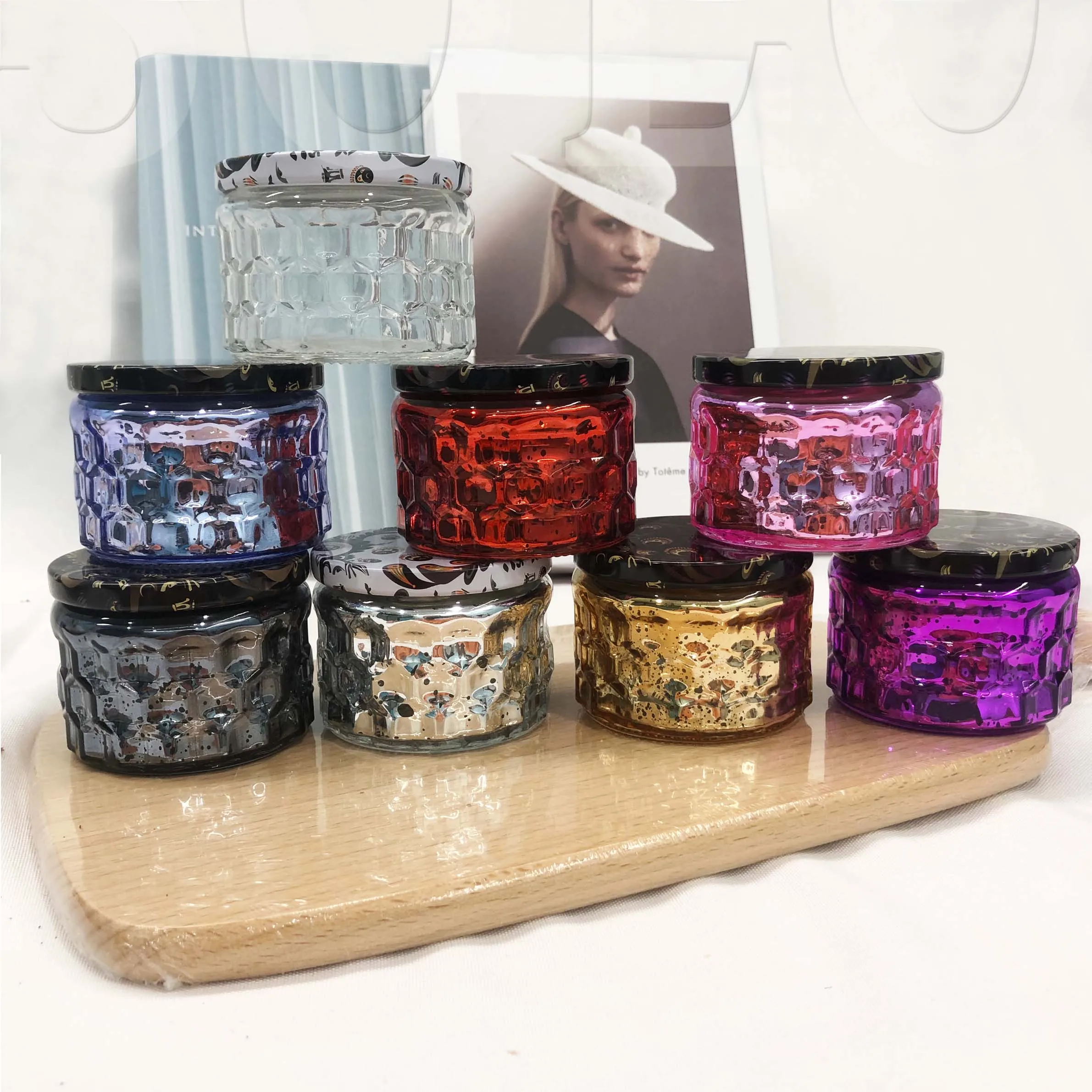 Wholesale Embossed Luxury Tinted Candle Holder Container 4oz Emptying Black Glass Candle Jar With Lid For Making Candles In Bulk