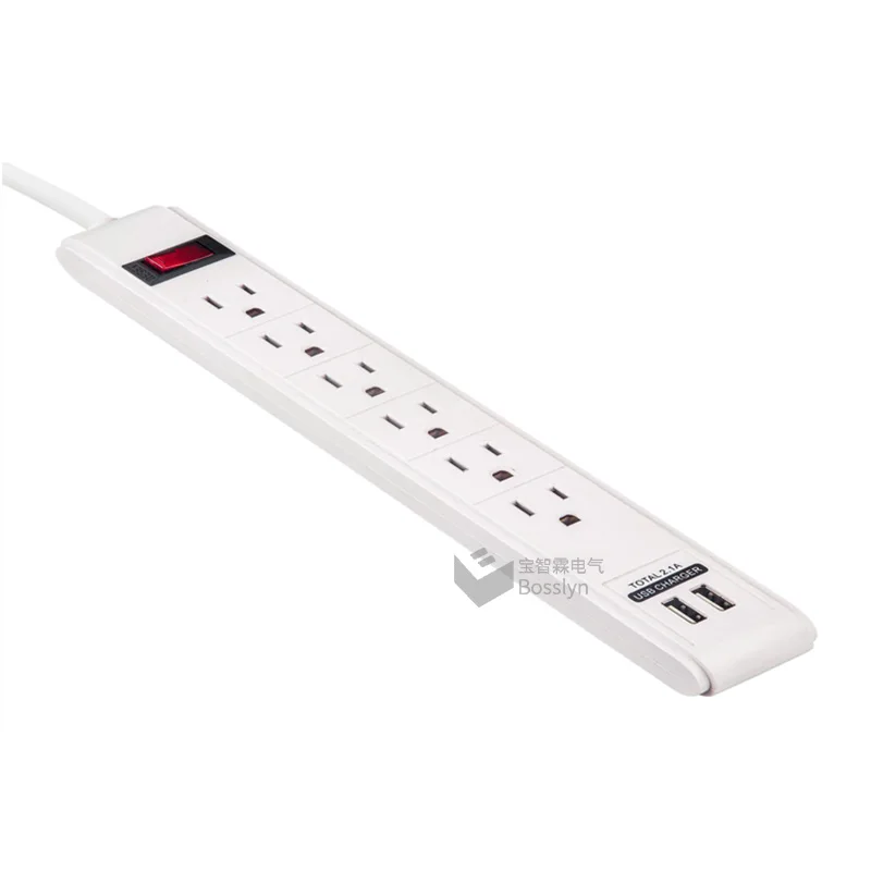 America Standard ETL 3 pin US with 6way socket outlet and 2 usb ports power strip