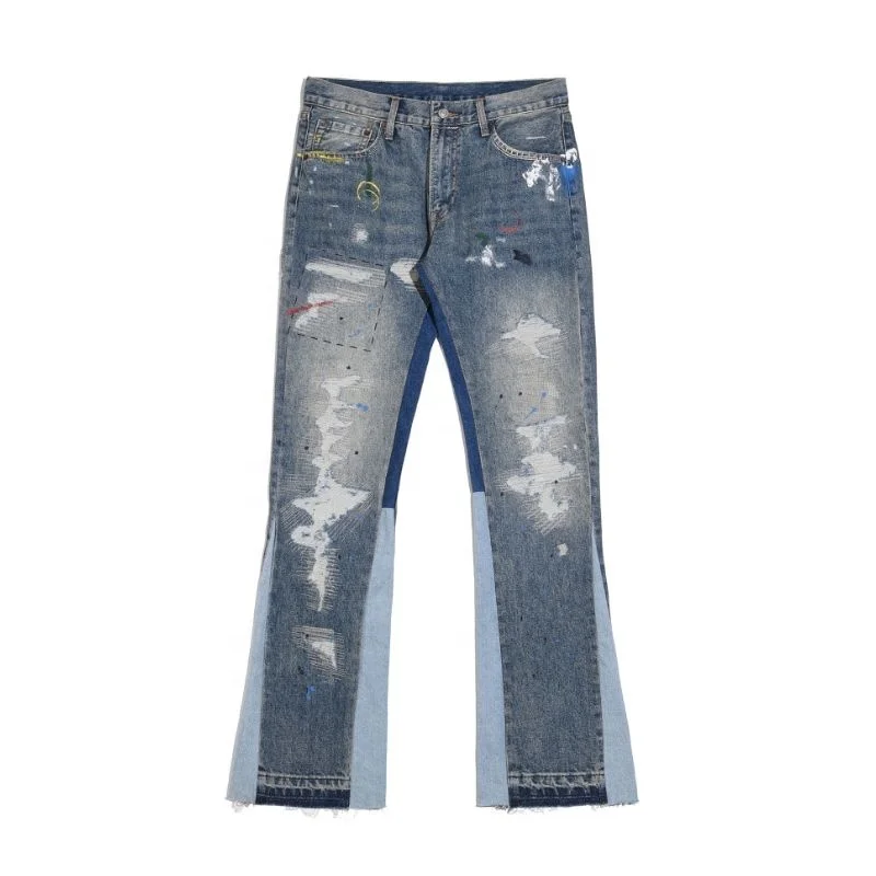 Wholesale Splash Ripped Flared Jeans Streetwear Men Vintage Baggy Patchwork Flare Denim Jeans