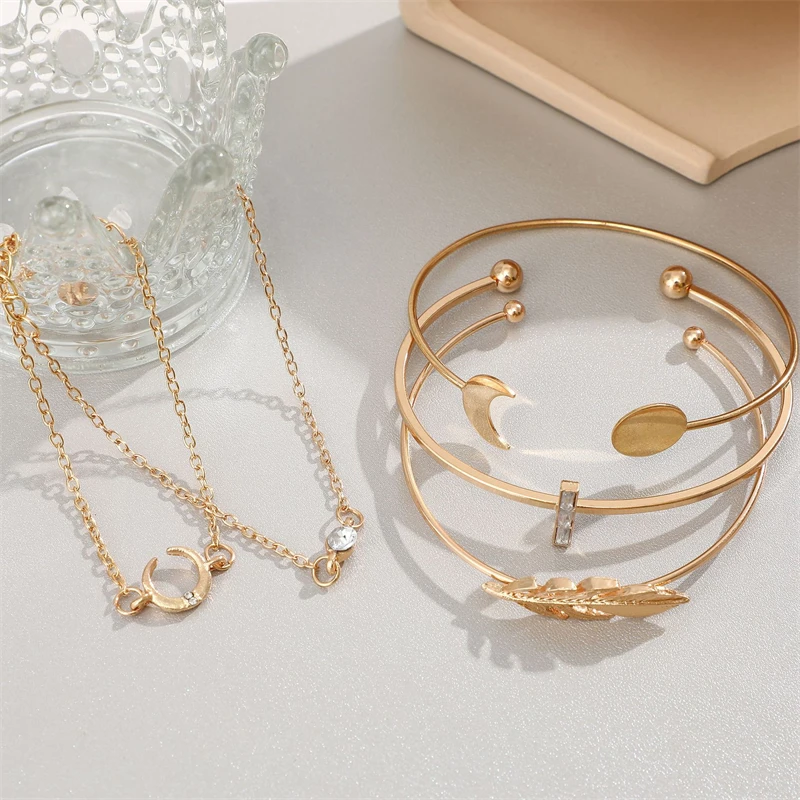 Fashion Rose Gold Silver Plated Jewelry Twist Diamond Layered Open Crystal Sun Moon Leaf Bracelet For Women