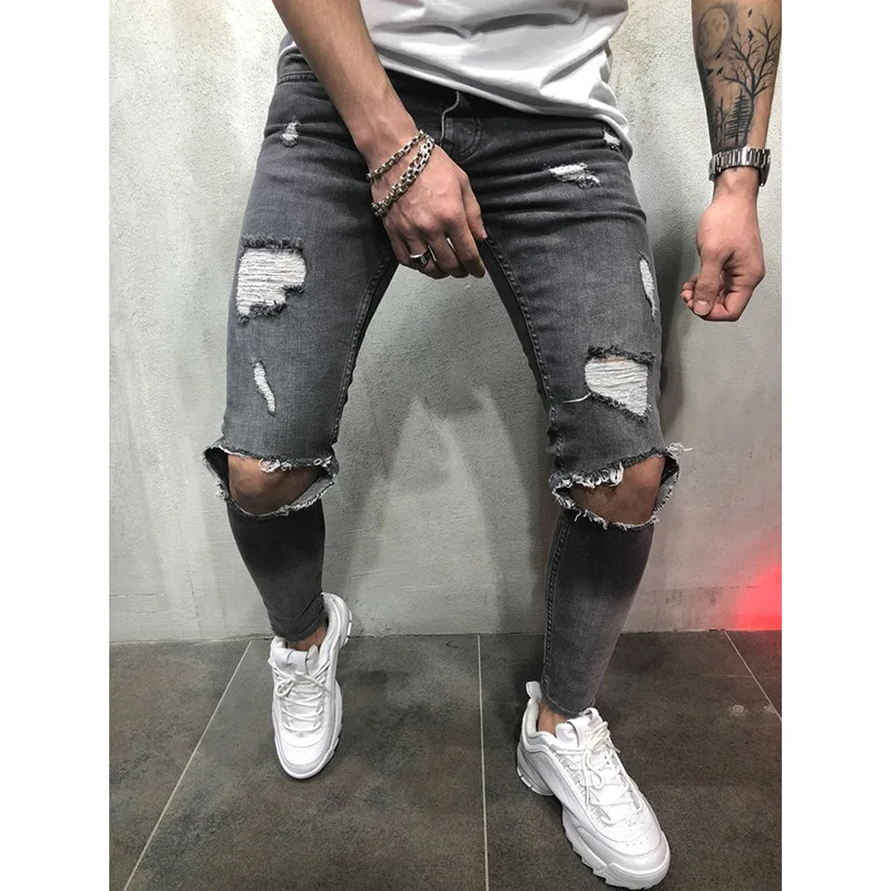 large size fashion men ripped jeans denim trousers destroyed hole pants stretch slim elastic soild color jeans