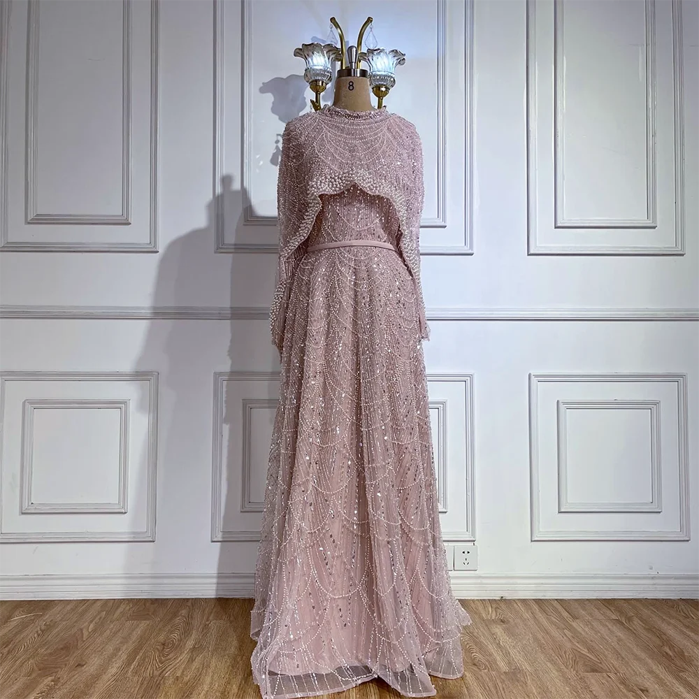 Pink A-Line Long Sleeves Full Covered Muslim Evening Dresses with Cape Serene Hill LA72032B Elegant Party Gowns for Women