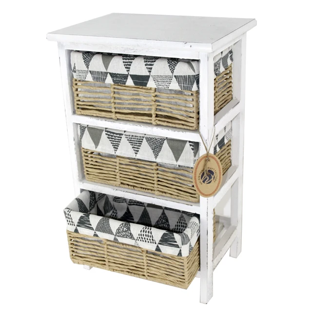 Bedside Cabinet White Chest of Drawers Storage Unit Wooden Wicker Baskets