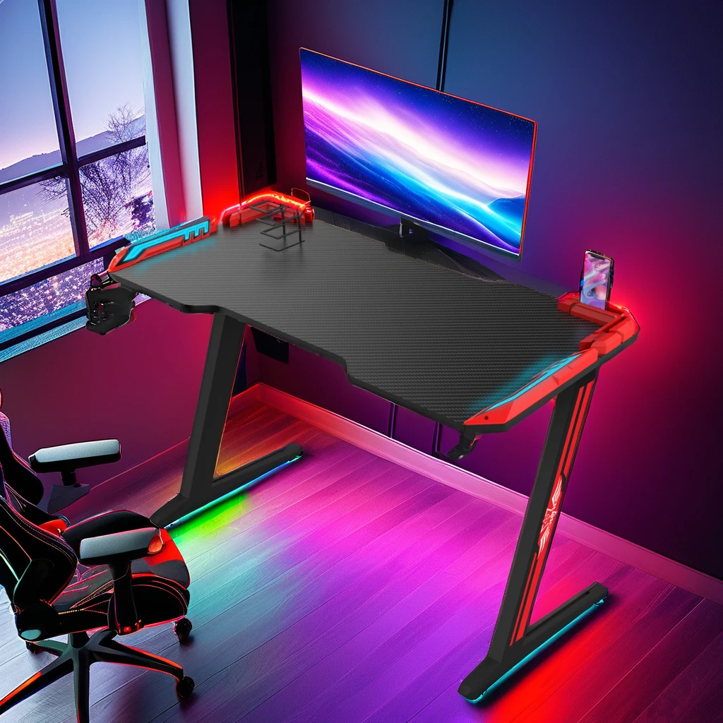 High Quality 120cm RGB LED Light Gaming Desk Black PC Computer Table with Carbon Fiber Desktop Office Gaming Table