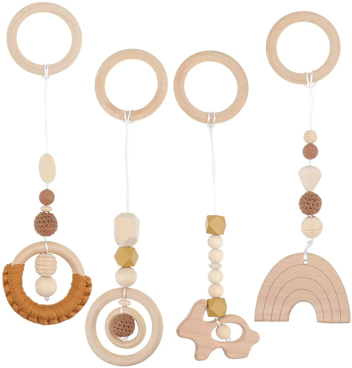 Winning New Woolen Beads Baby Room Decoration Pendant Beech Wood Teether Wooden Ring Baby Toy Set
